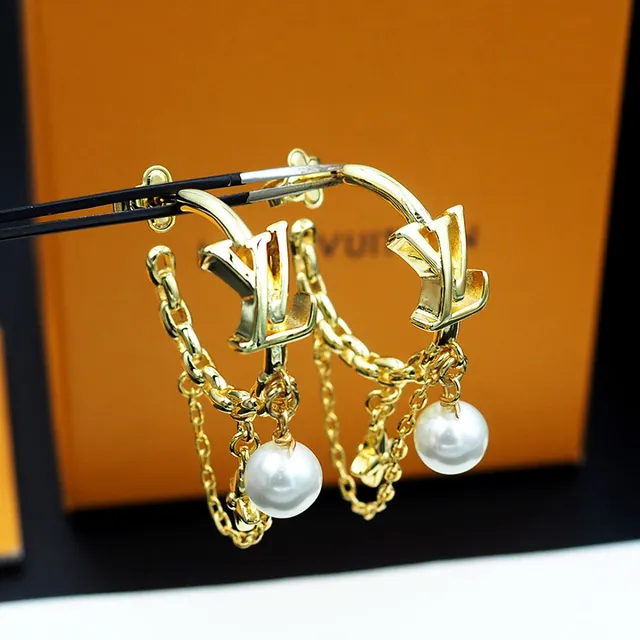 Louis Vuitton LV Monogram Hoop Gold White Pendant Earrings 10