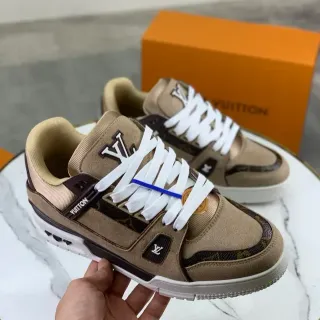 Louis Vuitton LV Trainer Beige Brown Layered Suede And Monogram Canvas Branded Heel Tab Lifestyle Sneakers