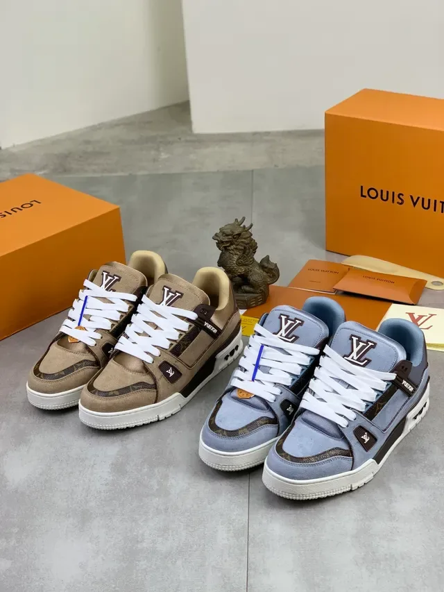 Louis Vuitton LV Trainer Beige Brown Suede Layered y Monogram Canvas Branded Heel Tab Lifestyle Sneakers 2
