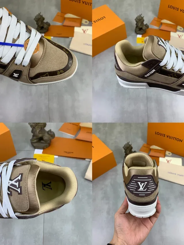 Louis Vuitton LV Trainer Beige Brown Suede Layered y Monogram Canvas Branded Heel Tab Lifestyle Sneakers 3