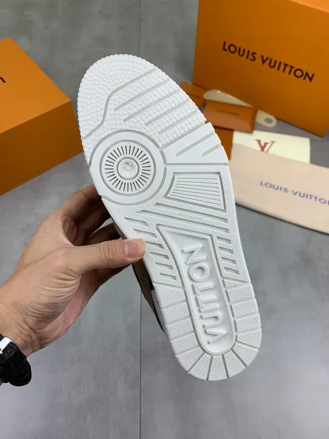 Louis Vuitton LV Trainer Beige Brown Suede Layered y Monogram Canvas Branded Heel Tab Lifestyle Sneakers 4