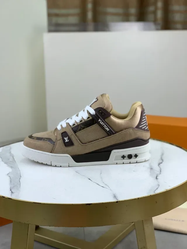 Louis Vuitton LV Trainer Beige Brown Suede Layered y Monogram Canvas Branded Heel Tab Lifestyle Sneakers 5