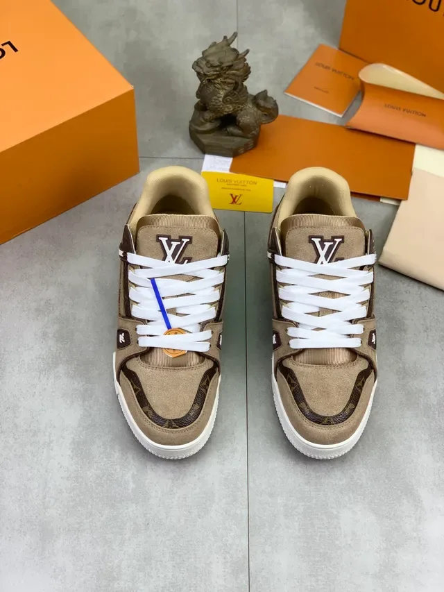 Louis Vuitton LV Trainer Beige Brown Suede Layered y Monogram Canvas Branded Heel Tab Lifestyle Sneakers 6