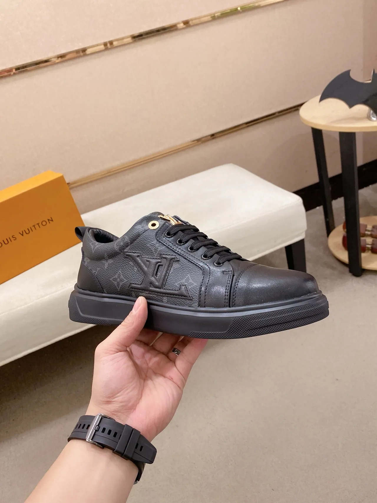 Louis Vuitton LV Trainer Black Gold Monogram Leather Embossed Logo Lifestyle Sneakers 5