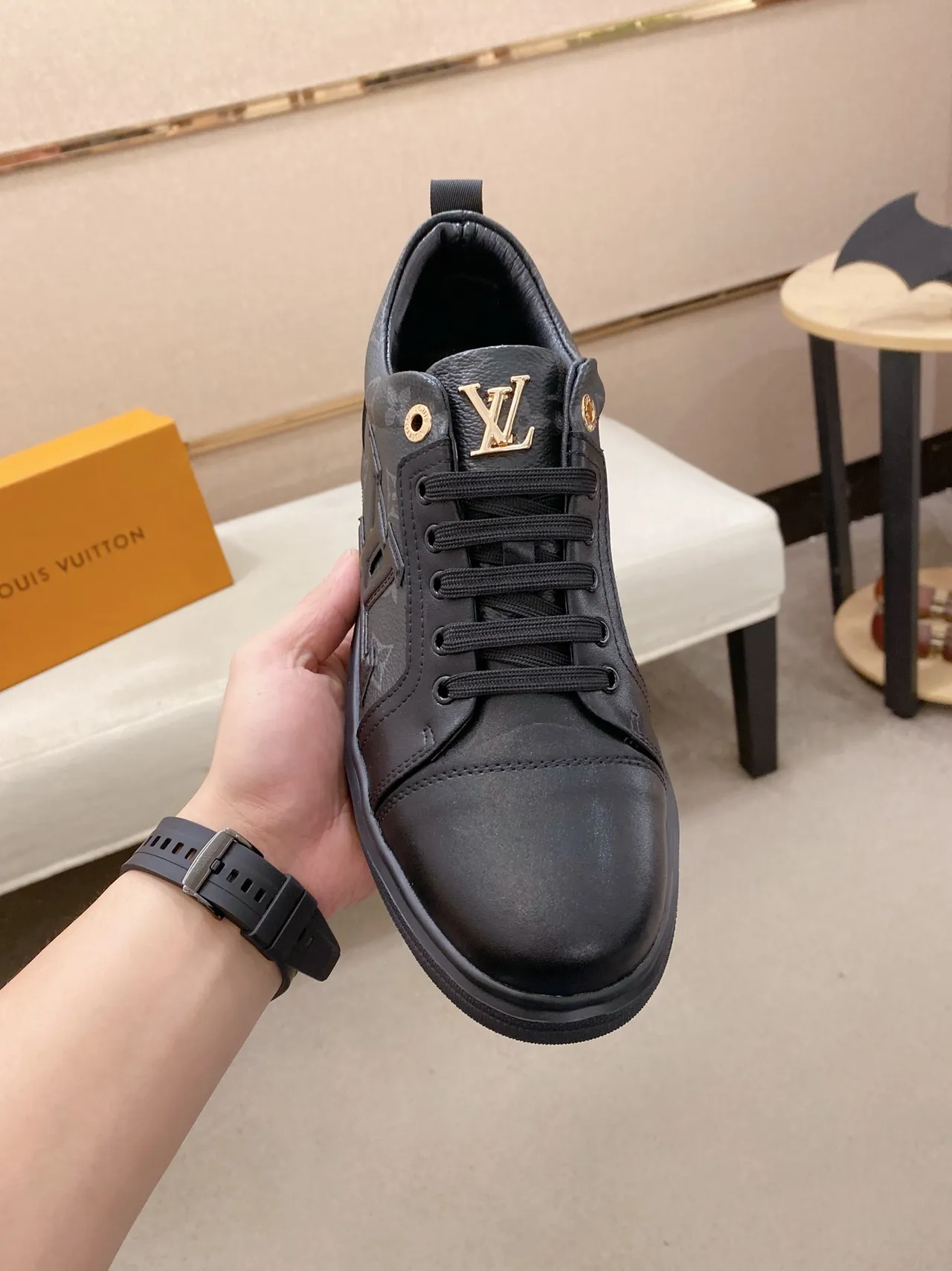 Louis Vuitton LV Trainer Black Gold Monogram Leather Embossed Logo Lifestyle Sneakers 6