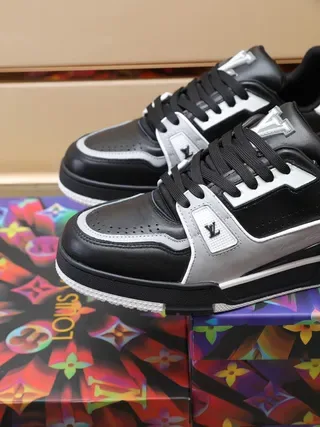 Louis Vuitton LV Trainer Black Silver Layered Leather And Synthetic Upper Monogrammed Side Panels Lifestyle Sneakers 4