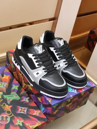 Louis Vuitton LV Trainer Black Silver Layered Leather And Synthetic Upper Monogrammed Side Panels Lifestyle Sneakers 9