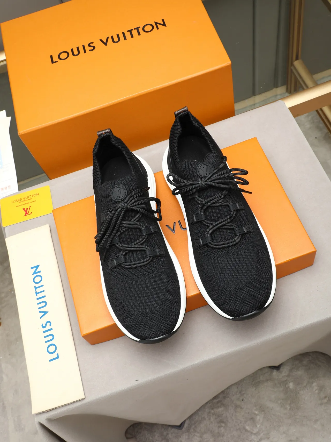 Louis Vuitton LV Trainer Black White Knit Sock-Fit Upper Monogrammed Heel Counter Lifestyle Sneakers 3