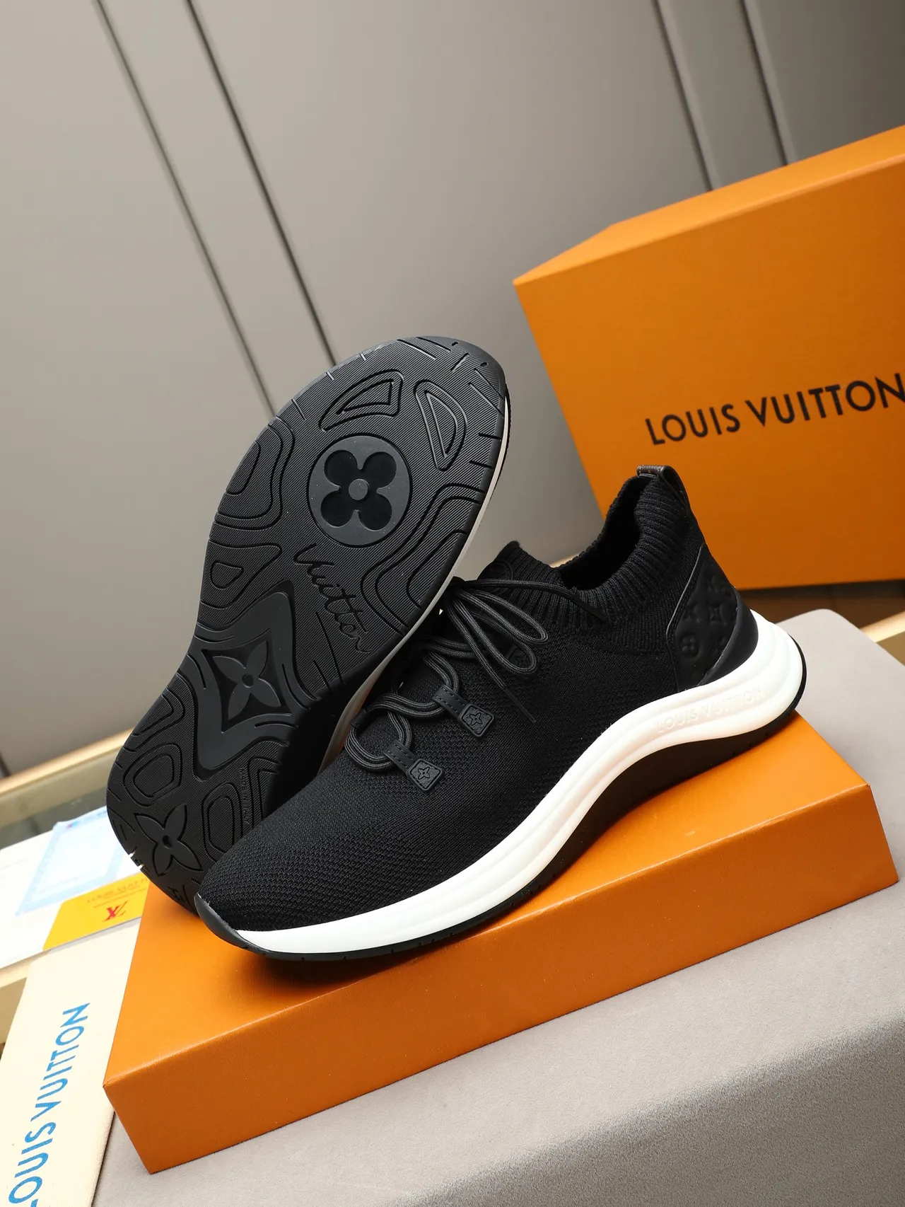 Louis Vuitton LV Trainer Black White Knit Sock-Fit Upper Monogrammed Heel Counter Lifestyle Sneakers 5