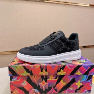Louis Vuitton LV Trainer Negro Blanco Monogram Lona Superior Cuero Superposiciones Zapatillas Lifestyle
