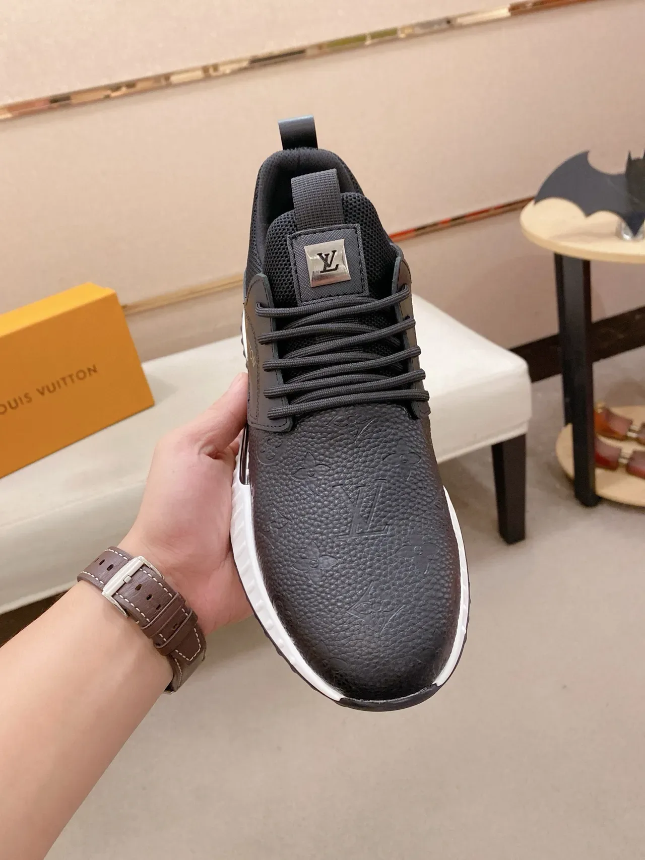 Louis Vuitton LV Trainer Black White Monogram-Embossed Leather Mesh Heel Counter Lifestyle Sneakers 2