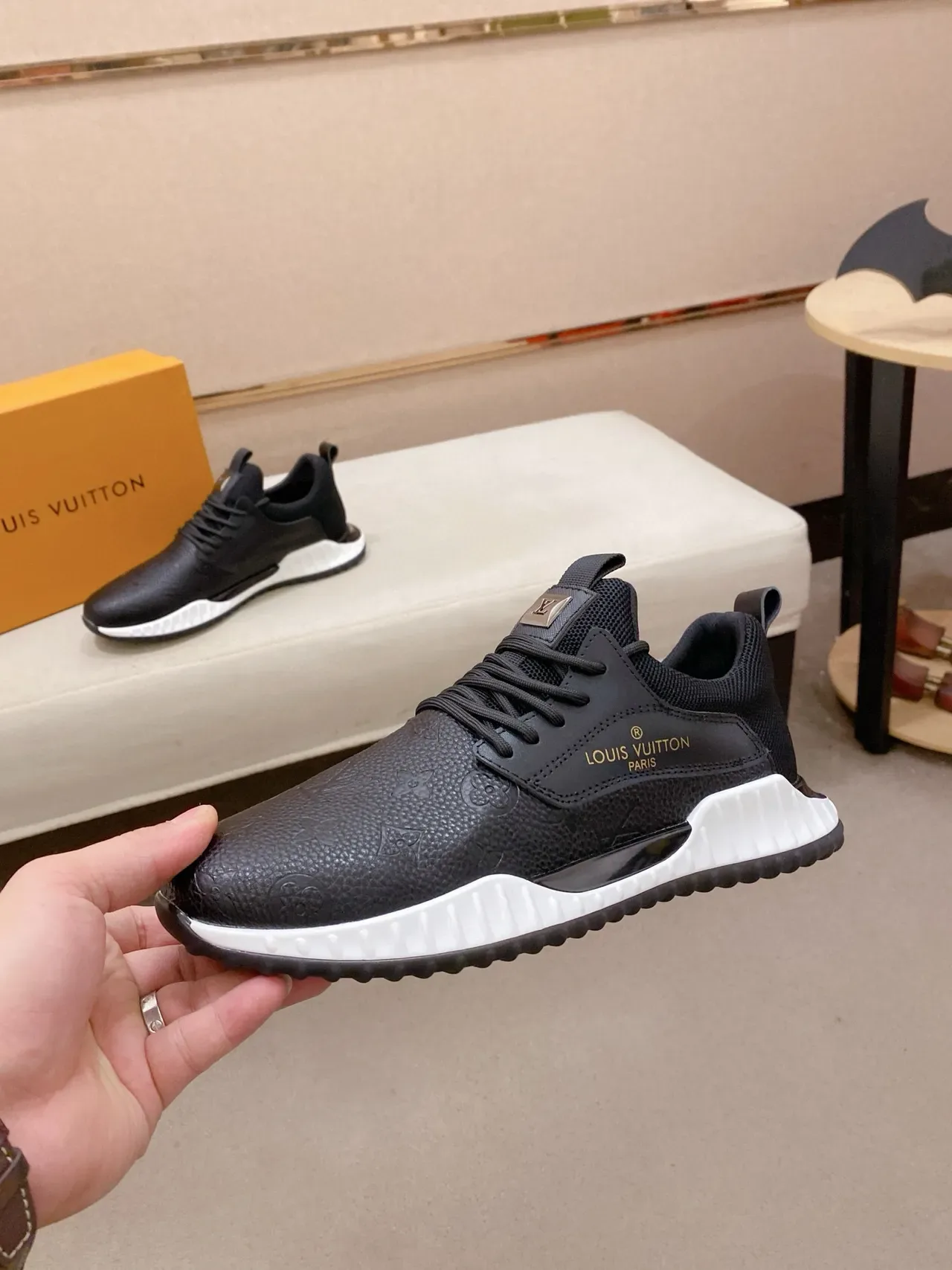 Louis Vuitton LV Trainer Black White Monogram-Embossed Leather Mesh Heel Counter Lifestyle Sneakers 3