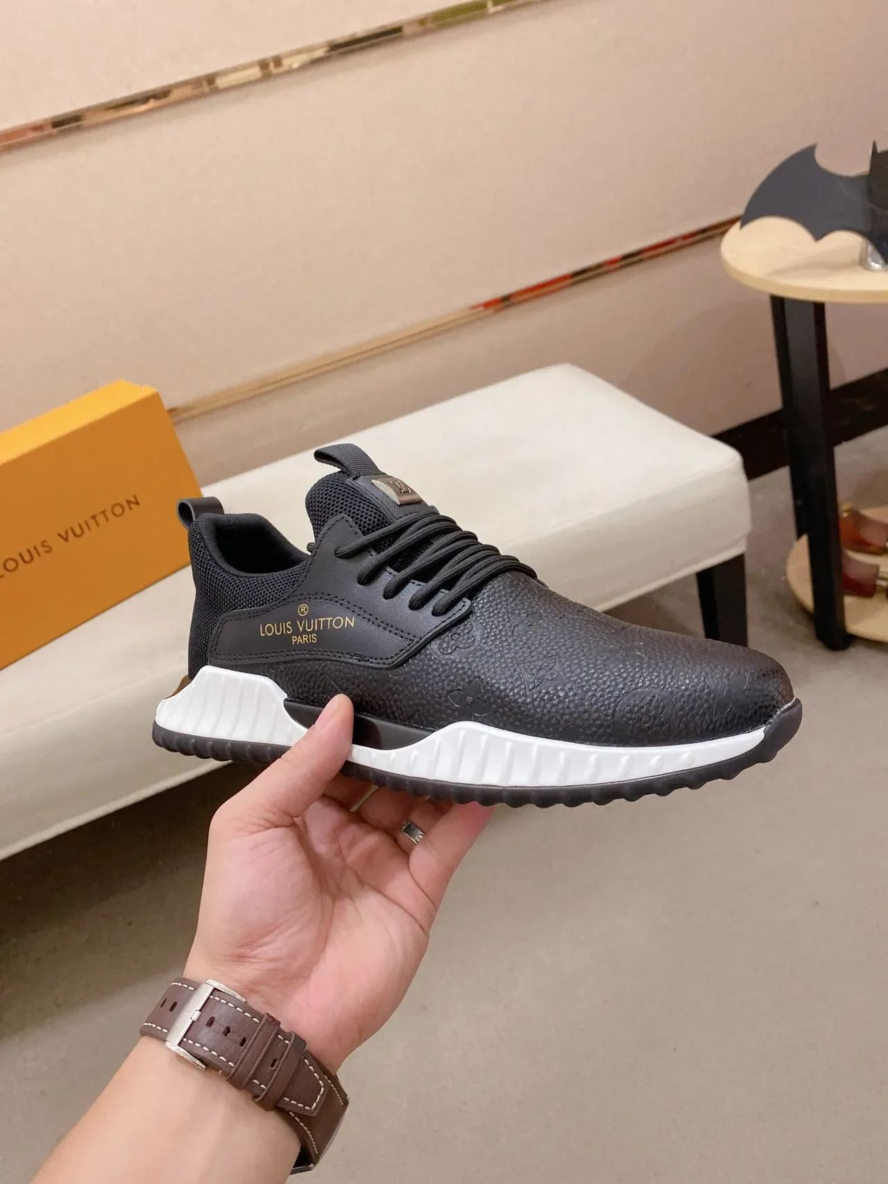 Louis Vuitton LV Trainer Black White Monogram-Embossed Leather Mesh Heel Counter Lifestyle Sneakers 4
