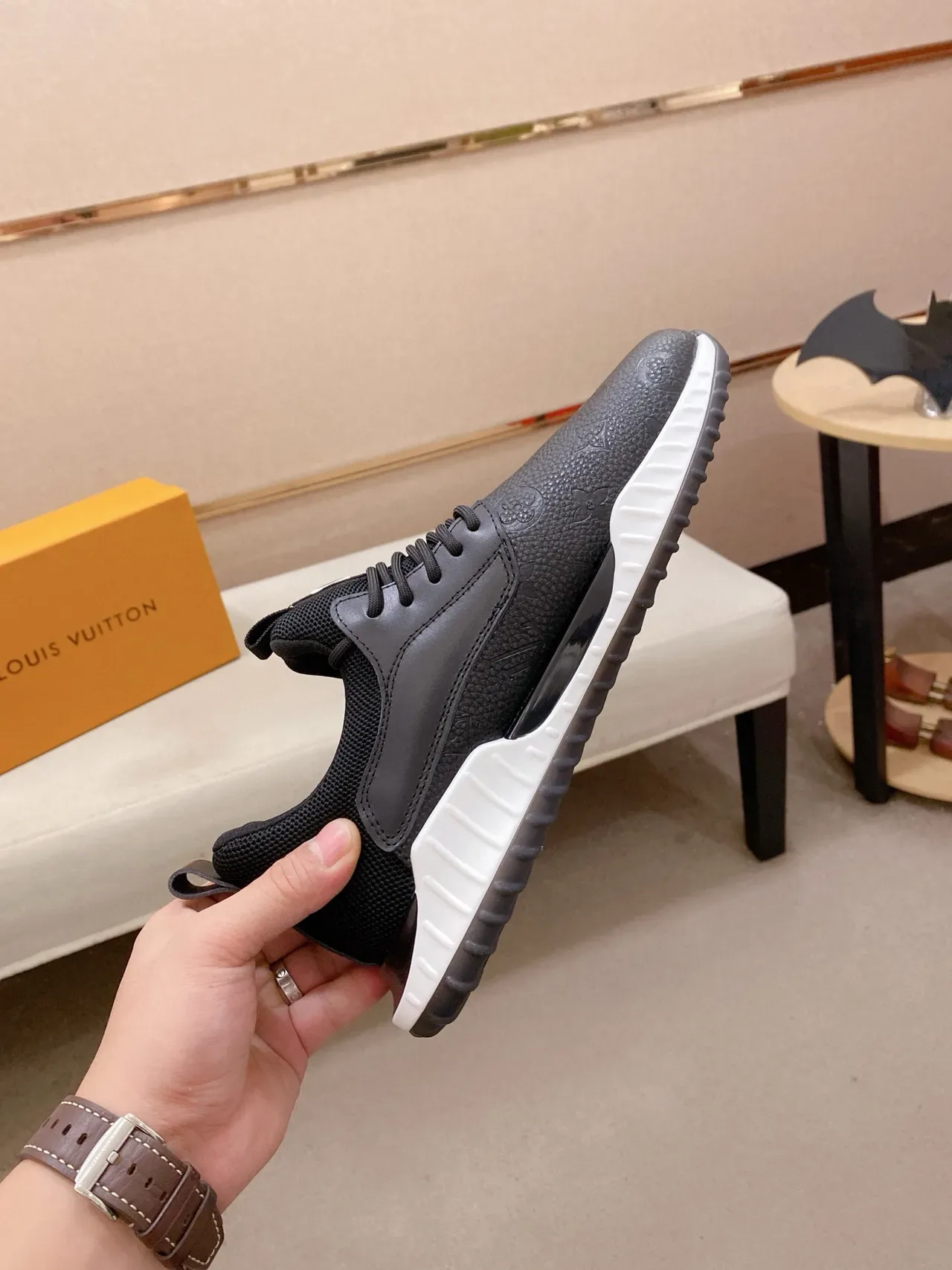 Louis Vuitton LV Trainer Black White Monogram-Embossed Leather Mesh Heel Counter Lifestyle Sneakers 5