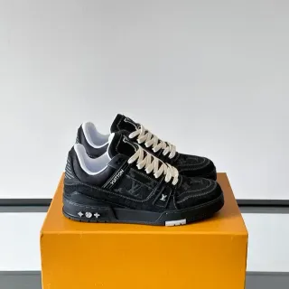 Louis Vuitton LV Trainer Negro Blanco Monogramado Denim Superior Doble Banda Superpuesta Estilo de Vida