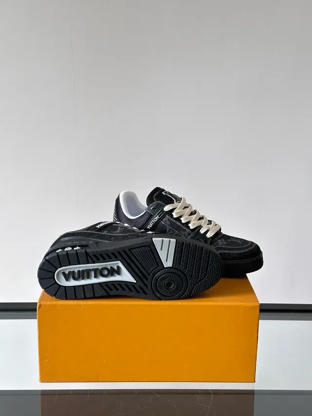 Louis Vuitton LV Trainer Black White Monogrammed Denim Upper Dual-Strap Overlay Lifestyle Sneakers 2