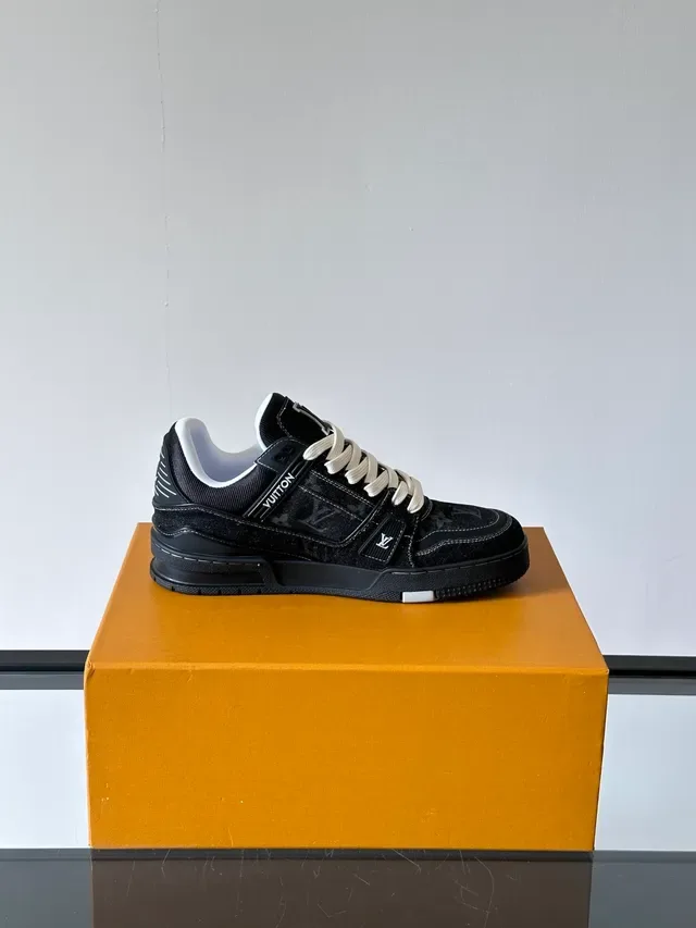 Louis Vuitton LV Trainer Black White Monogrammed Denim Upper Dual-Strap Overlay Lifestyle Sneakers 4