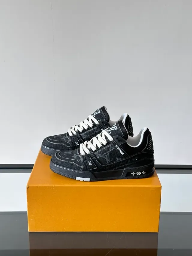 Louis Vuitton LV Trainer Black White Monogrammed Denim Upper Dual-Strap Overlay Lifestyle Sneakers 5
