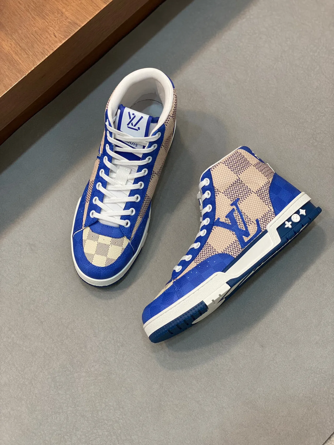 Louis Vuitton LV Trainer Blue Beige High-Top Panelled Lifestyle Sneakers 6