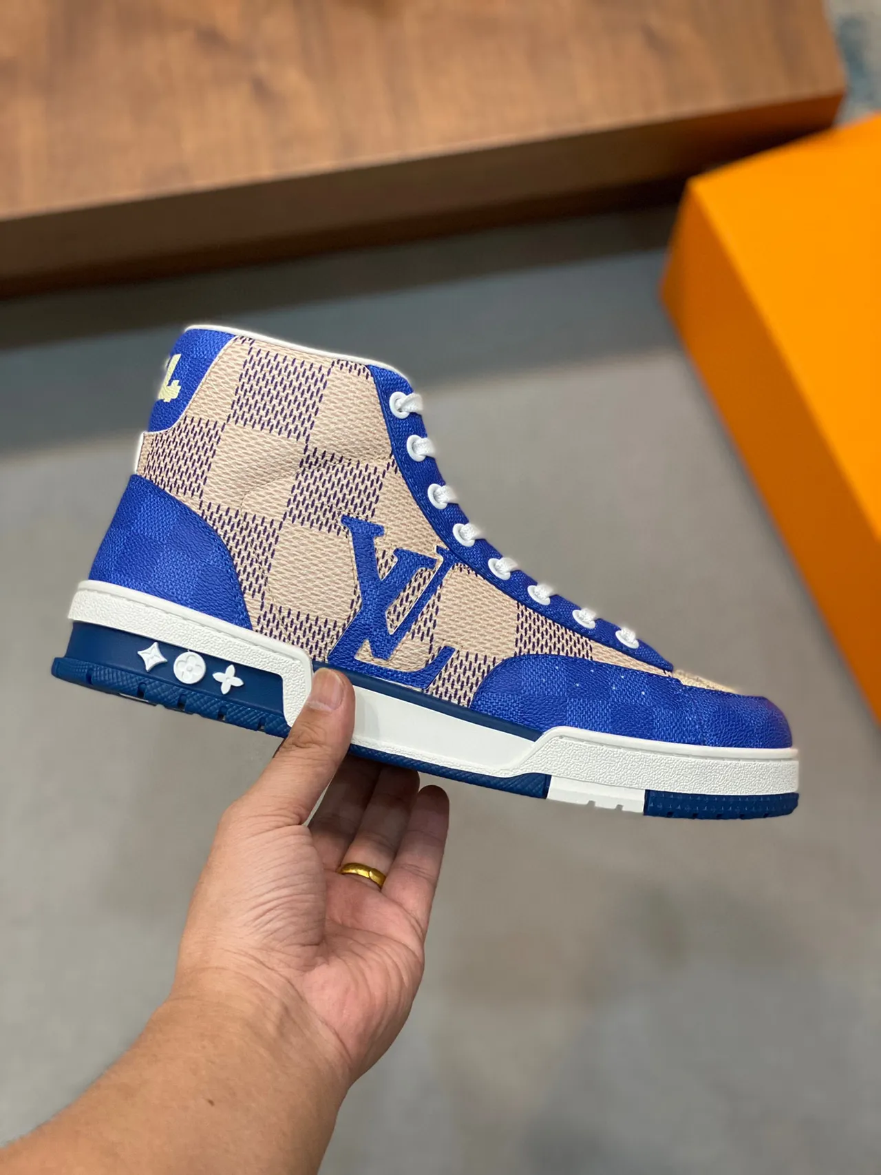 Louis Vuitton LV Trainer Blue Beige High-Top Panelled Lifestyle Sneakers 7