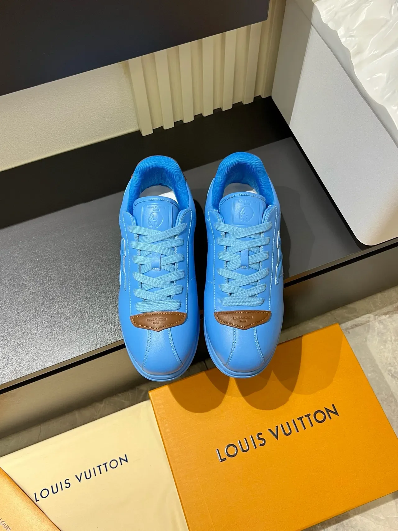 Louis Vuitton LV Trainer Blue Brown Embossed Monogram Tonal Lacing Lifestyle Sneakers 2