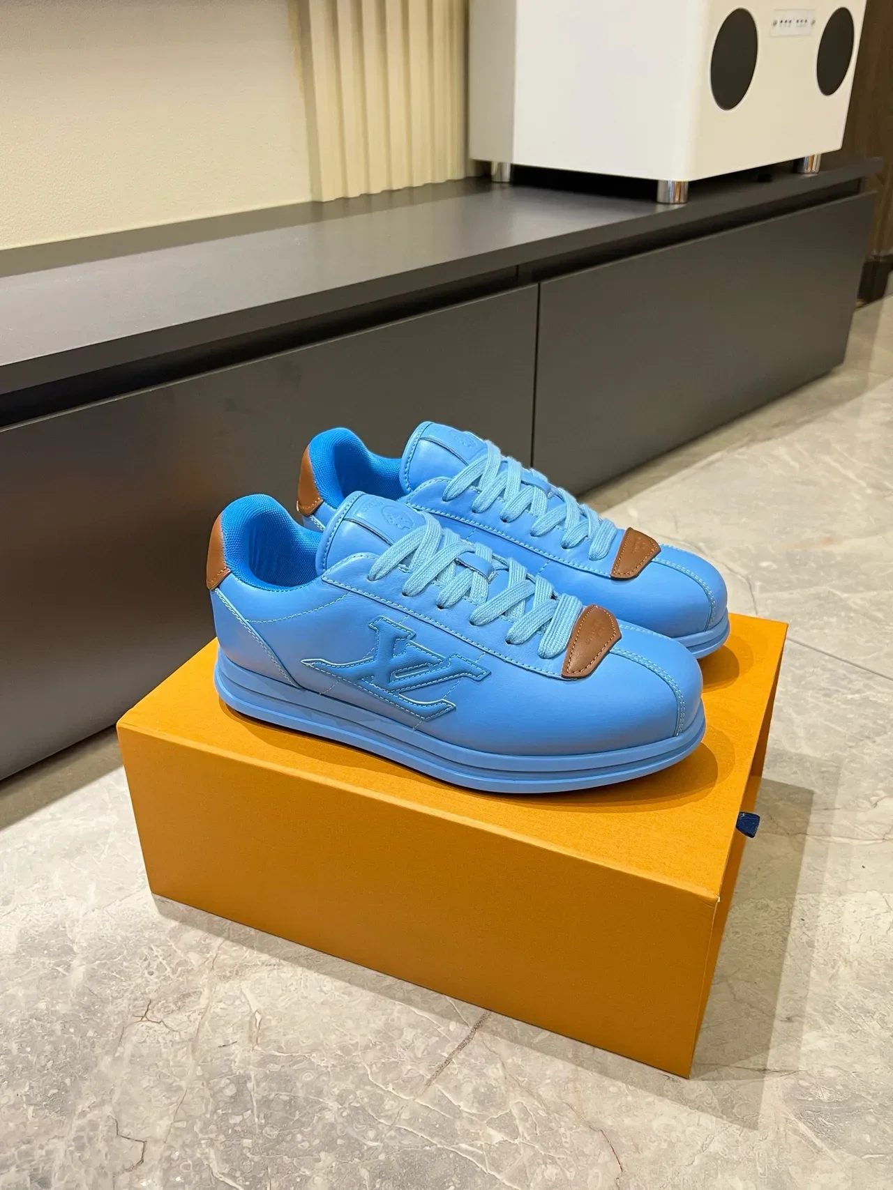 Louis Vuitton LV Trainer Blue Brown Embossed Monogram Tonal Lacing Lifestyle Sneakers 3