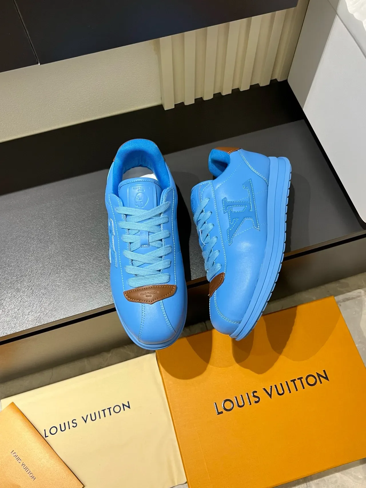 Louis Vuitton LV Trainer Blue Brown Embossed Monogram Tonal Lacing Lifestyle Sneakers 4