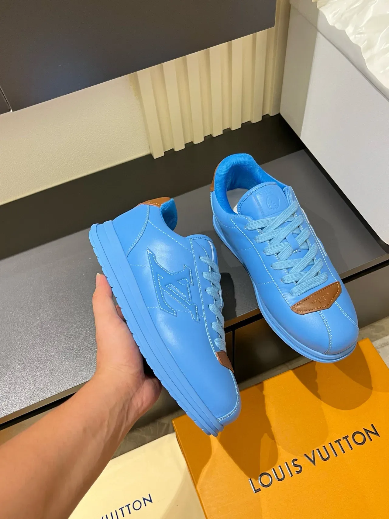 Louis Vuitton LV Trainer Blue Brown Embossed Monogram Tonal Lacing Lifestyle Sneakers 6