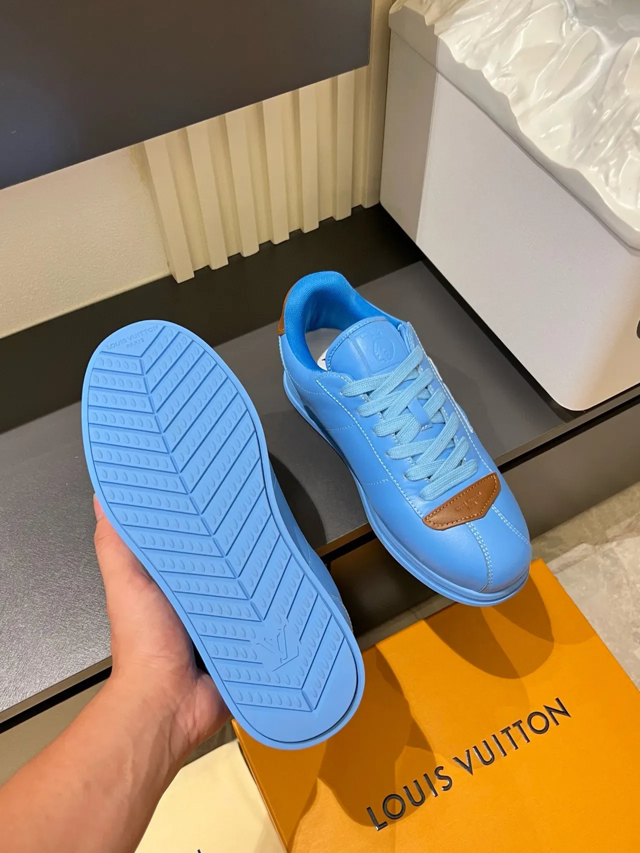 Louis Vuitton LV Trainer Blue Brown Embossed Monogram Tonal Lacing Lifestyle Sneakers 7