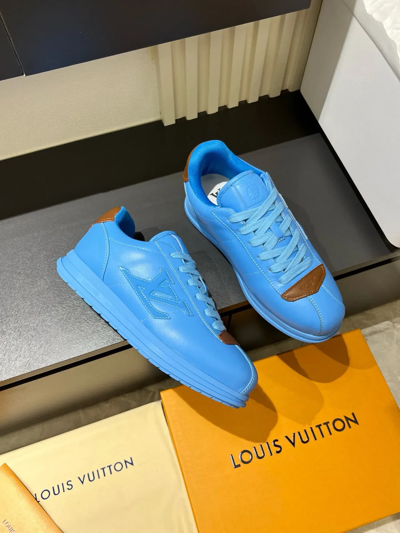 Louis Vuitton LV Trainer Blue Brown Embossed Monogram Tonal Lacing Lifestyle Sneakers 8