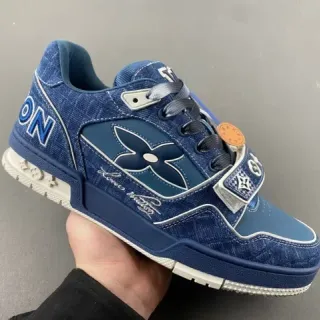 Louis Vuitton LV Trainer Blue Navy Denim Upper Monogram Flower Overlay Lifestyle Sneakers