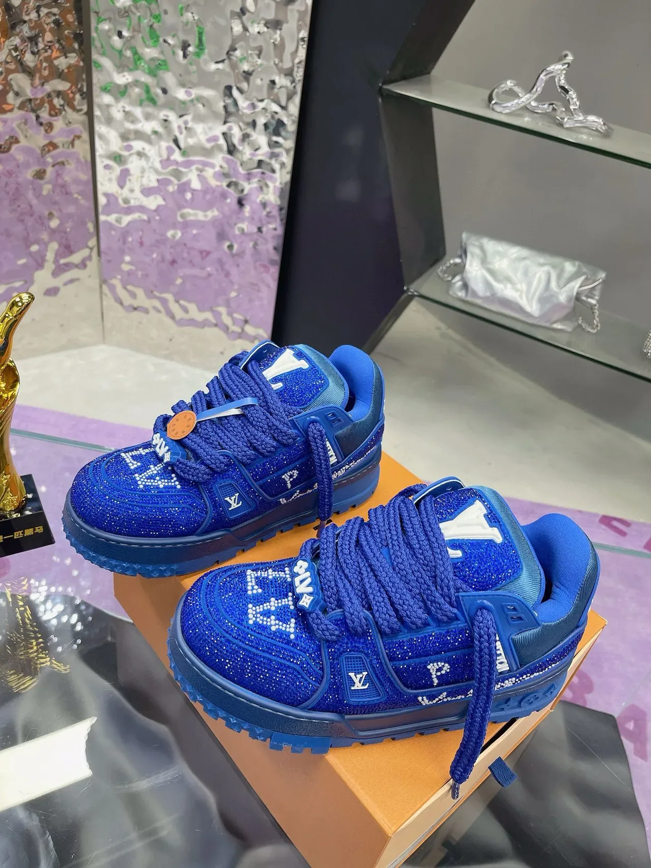 Louis Vuitton LV Trainer Blue White Crystal-Embellished Monogrammed Lifestyle Sneakers 2
