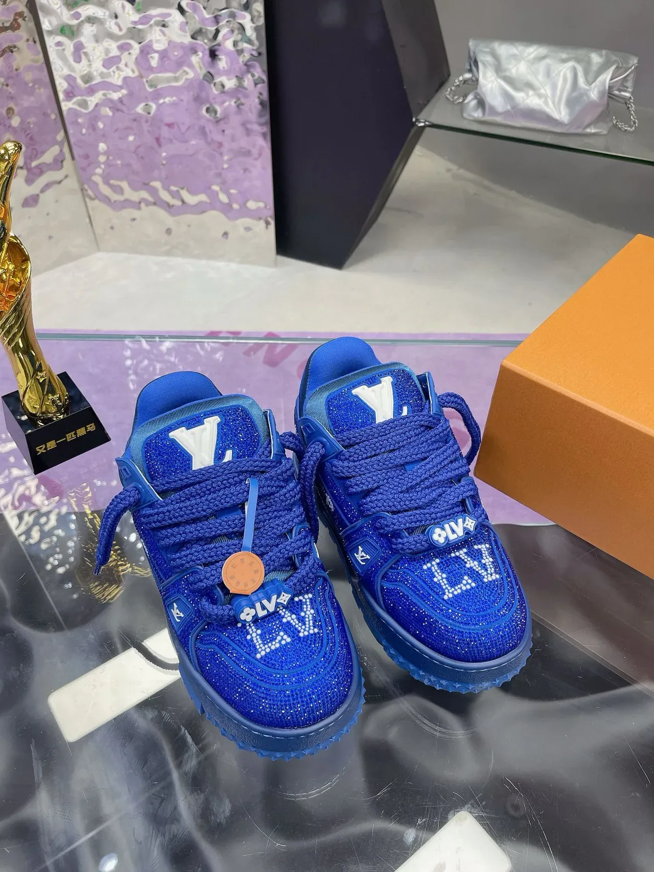 Louis Vuitton LV Trainer Blue White Crystal-Embellished Monogrammed Lifestyle Sneakers 3