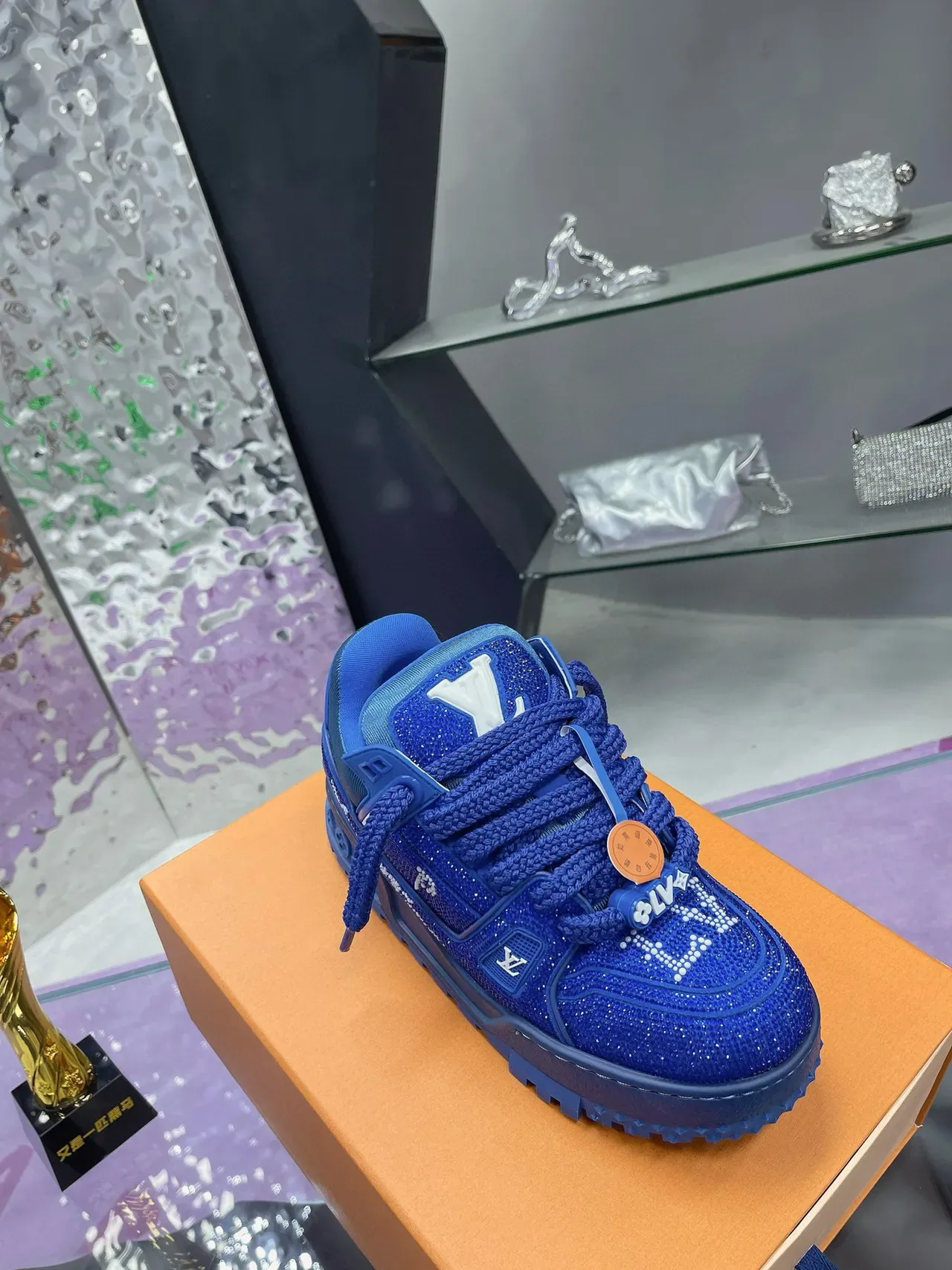 Louis Vuitton LV Trainer Blue White Crystal-Embellished Monogrammed Lifestyle Sneakers 4