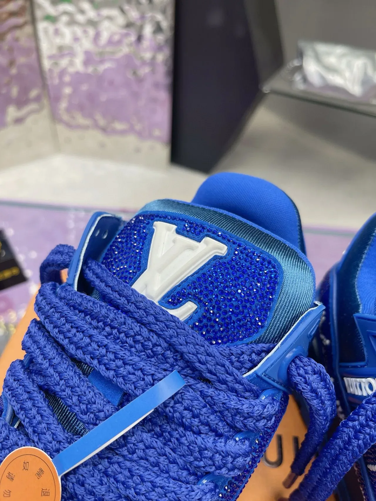 Louis Vuitton LV Trainer Blue White Crystal-Embellished Monogrammed Lifestyle Sneakers 5