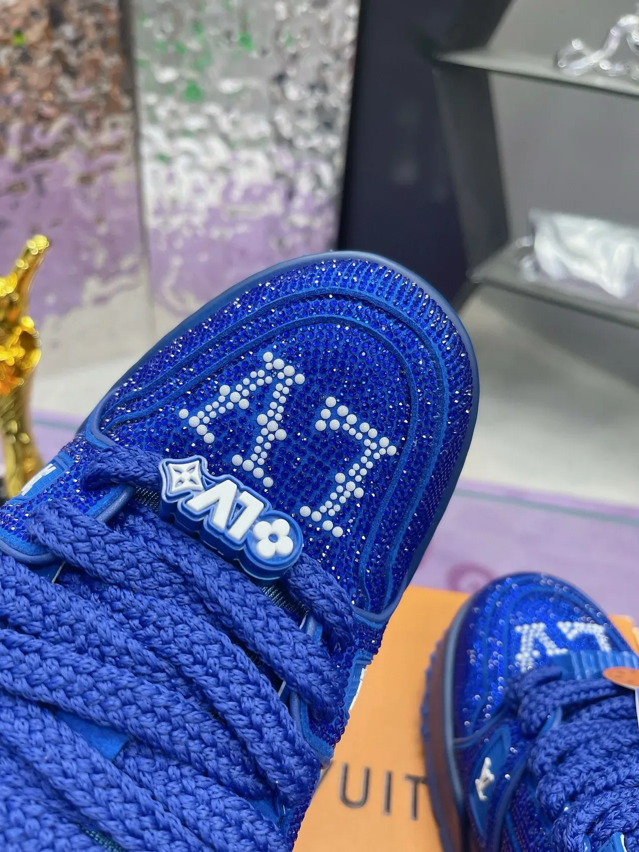 Louis Vuitton LV Trainer Blue White Crystal-Embellished Monogrammed Lifestyle Sneakers 6