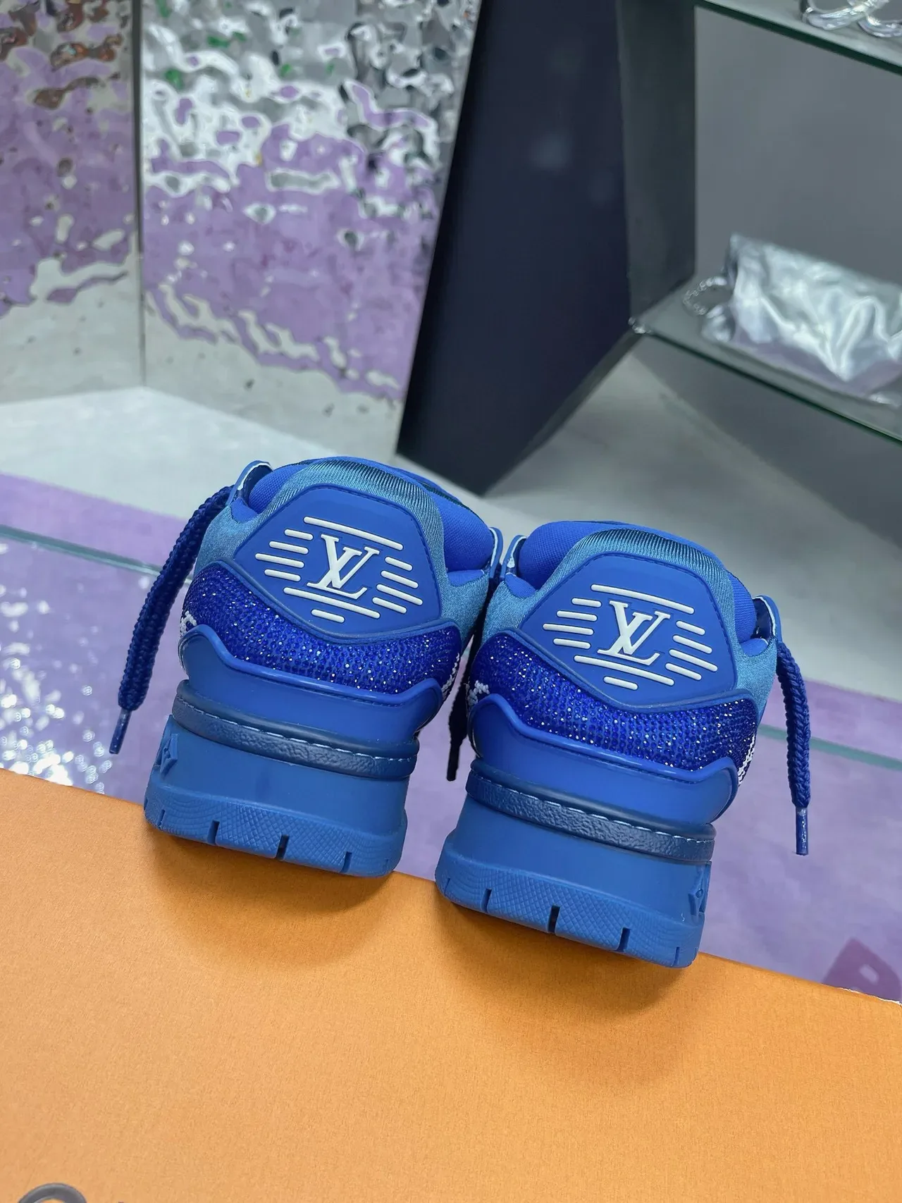 Louis Vuitton LV Trainer Blue White Crystal-Embellished Monogrammed Lifestyle Sneakers 7
