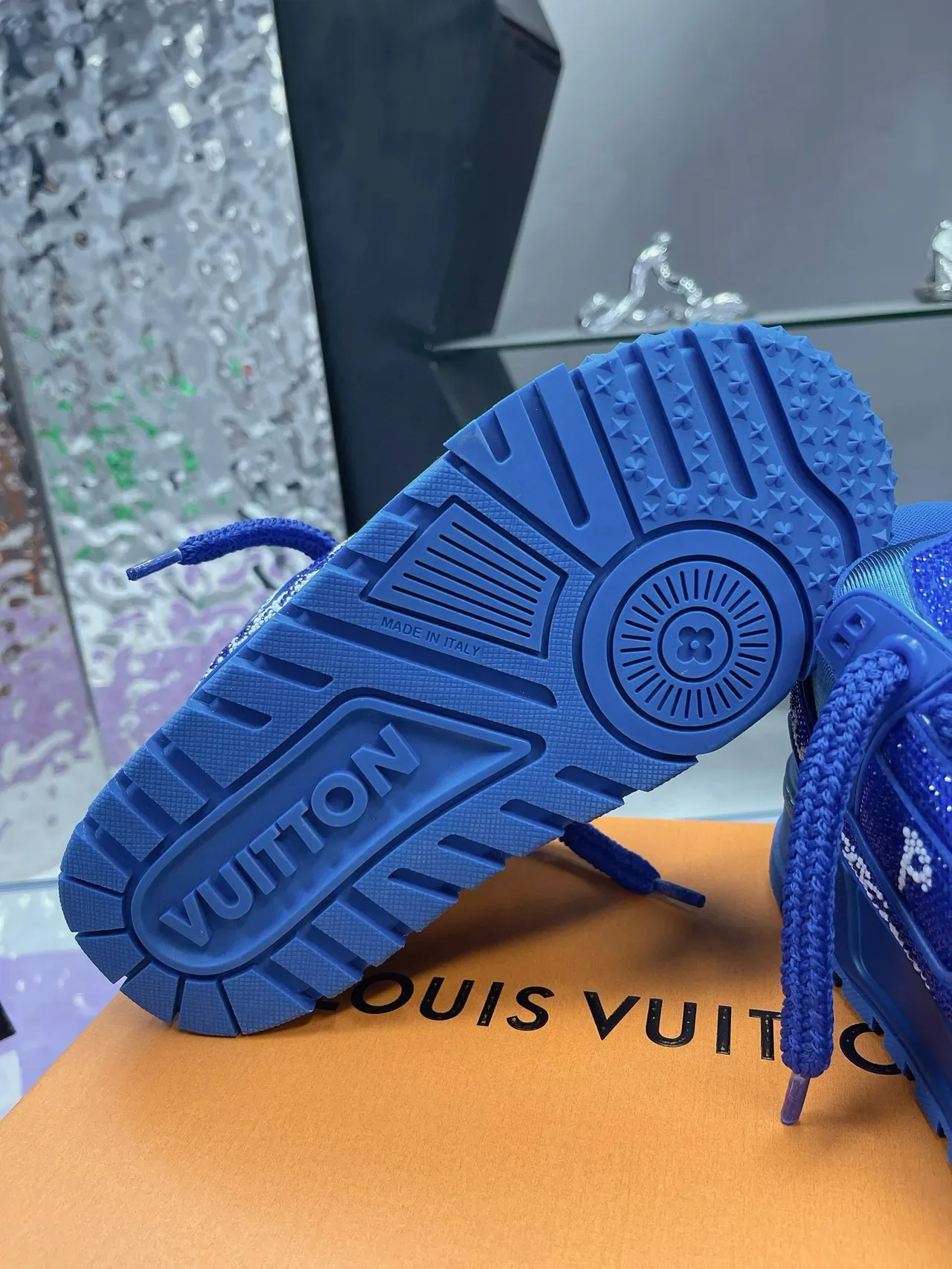 Louis Vuitton LV Trainer Blue White Crystal-Embellished Monogrammed Lifestyle Sneakers 8