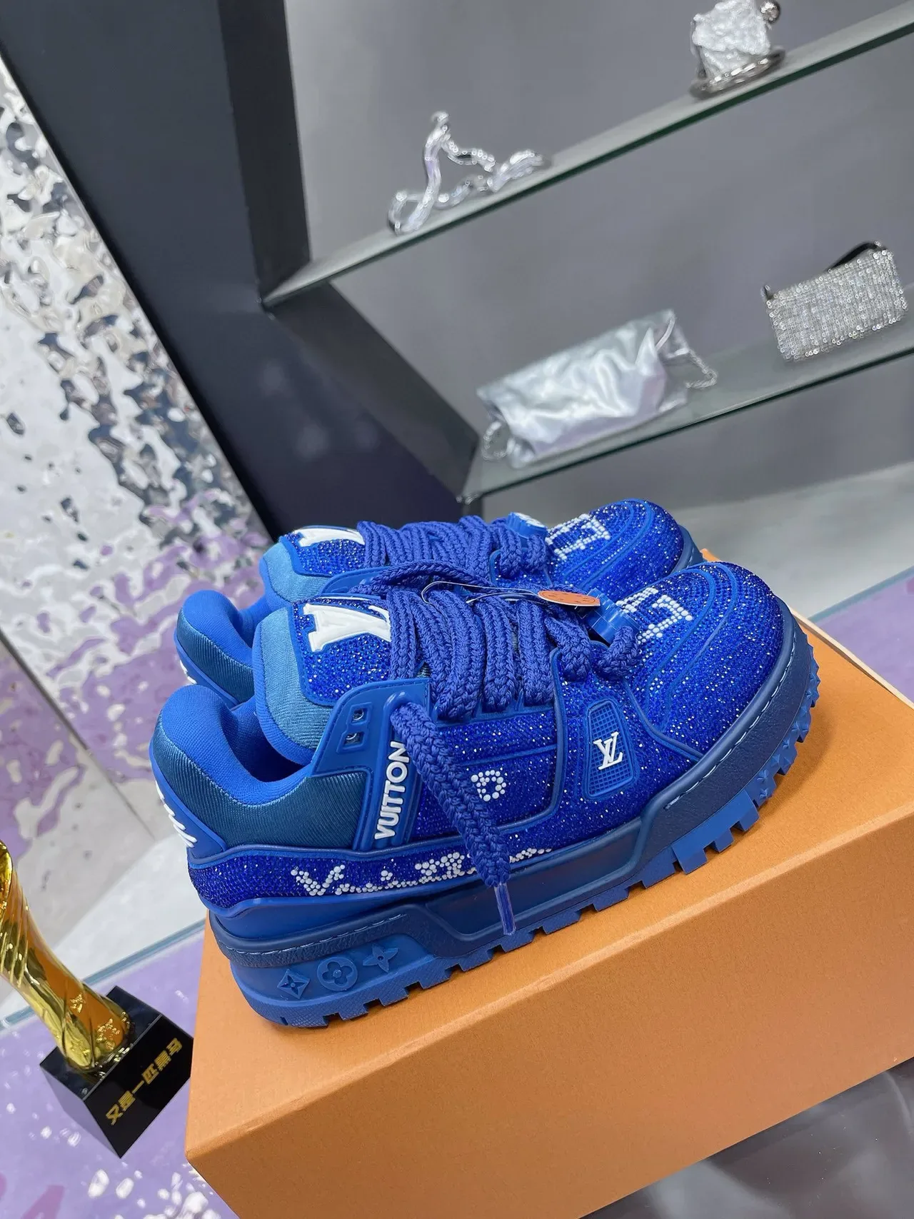 Louis Vuitton LV Trainer Blue White Crystal-Embellished Monogrammed Lifestyle Sneakers 9