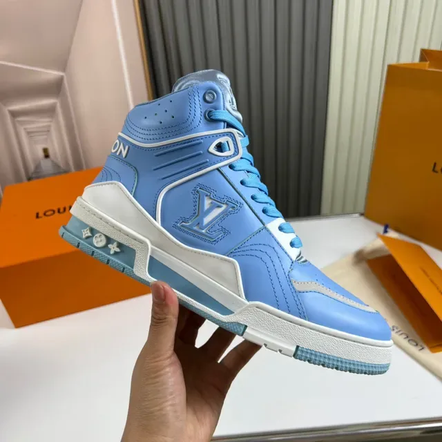 Louis Vuitton LV Trainer Blue White High-Top Monogrammed Lifestyle Sneakers 4