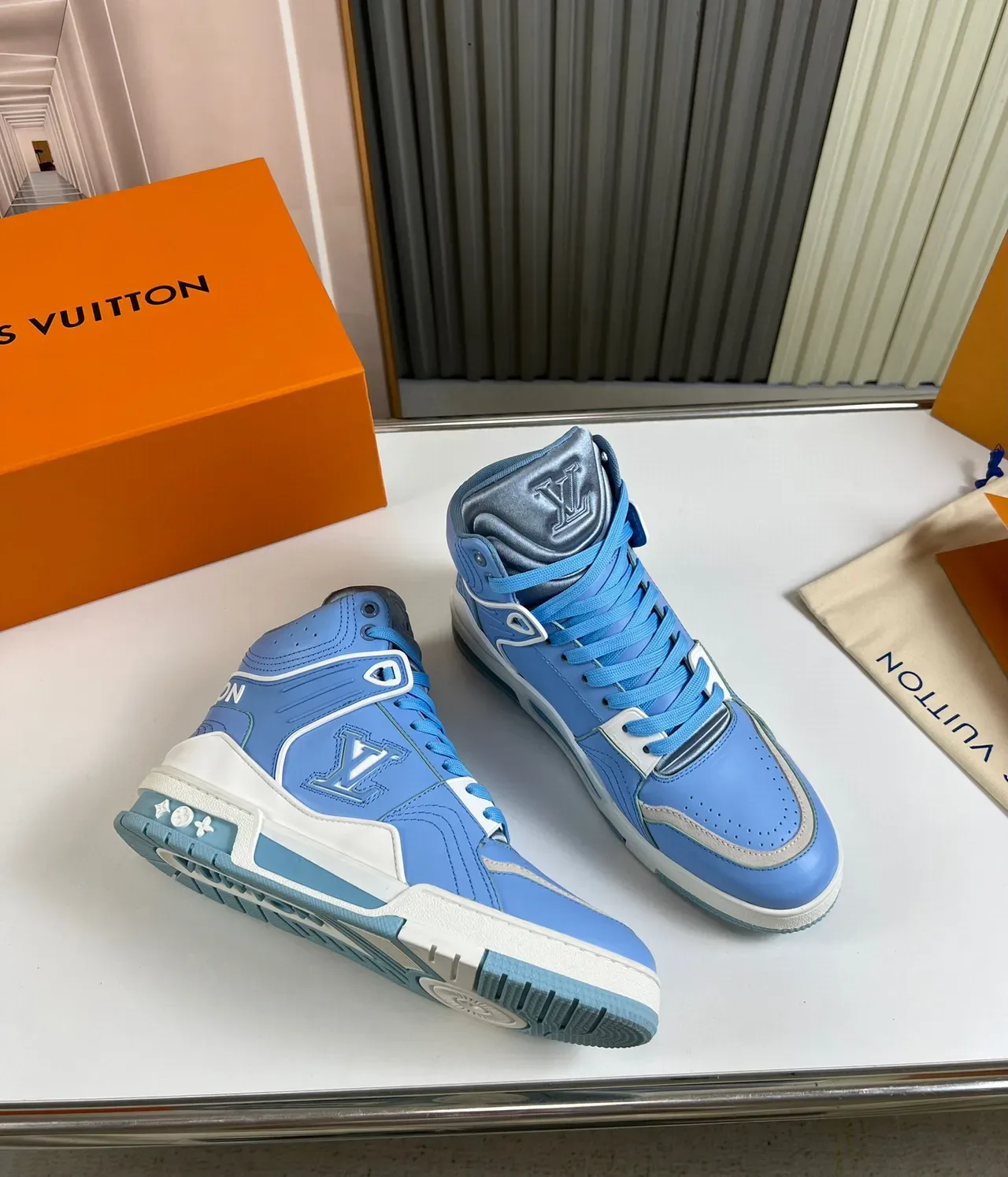 Louis Vuitton LV Trainer Blue White High-Top Monogrammed Lifestyle Sneakers 5