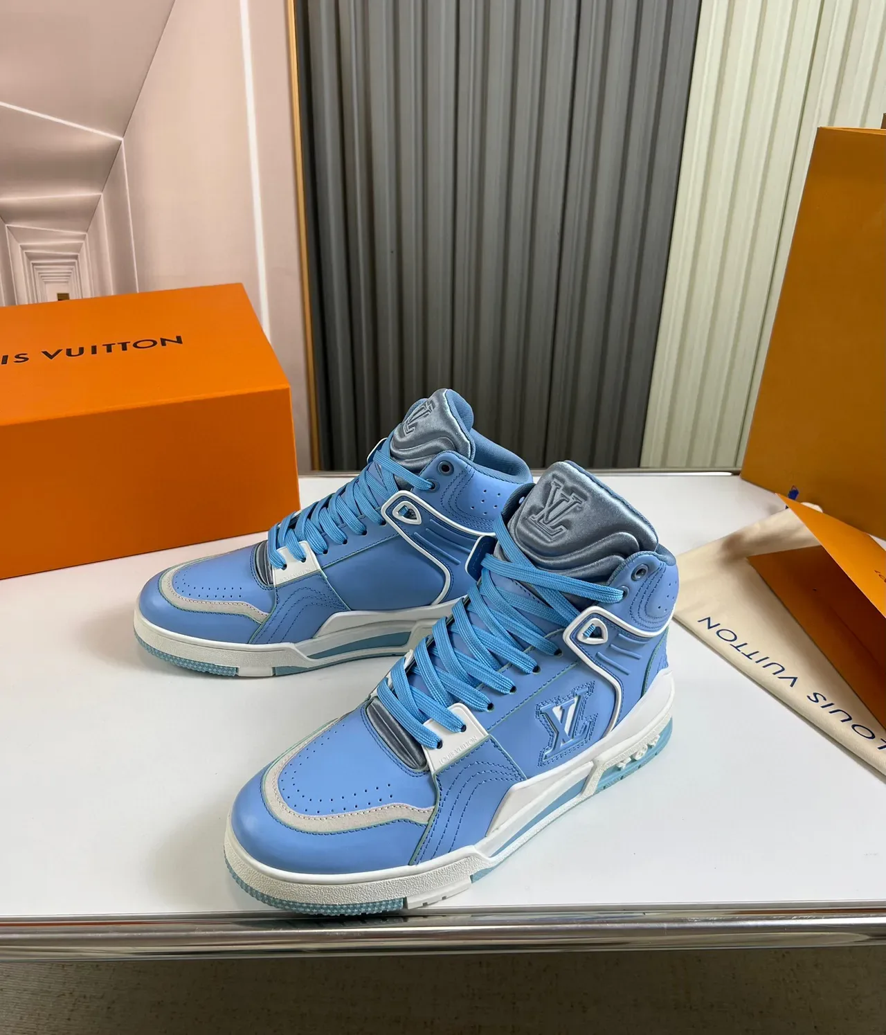Louis Vuitton LV Trainer Blue White High-Top Monogrammed Lifestyle Sneakers 8