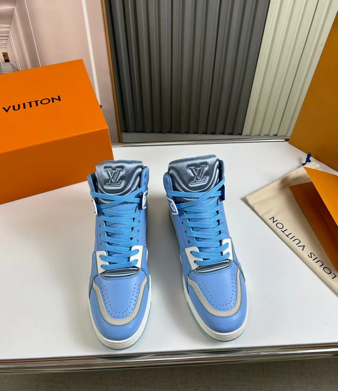 Louis Vuitton LV Trainer Blue White High-Top Monogrammed Lifestyle Sneakers 9