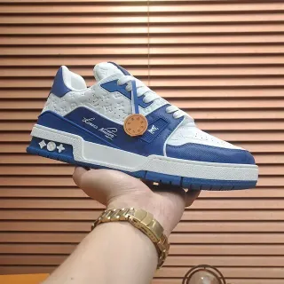 Louis Vuitton LV Trainer Zapatillas Lifestyle Azul Blanco Cuero Monogram-Embossed Suela Media Gruesa y Capa