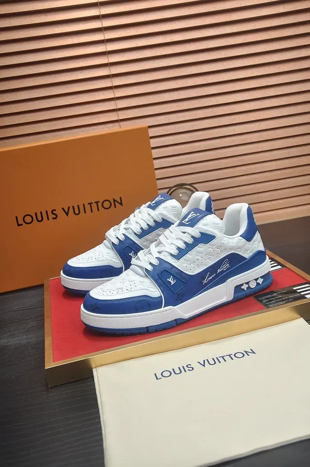 Louis Vuitton LV Trainer Blue White Monogram-Embossed Leather Chunky Layered Midsole Lifestyle Sneakers 4