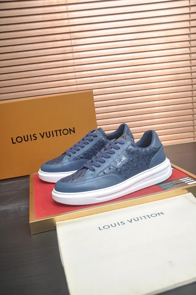 Louis Vuitton LV Trainer Blue White Ostrich-Embossed Leather Low-Top Silhouette Lifestyle Sneakers 4
