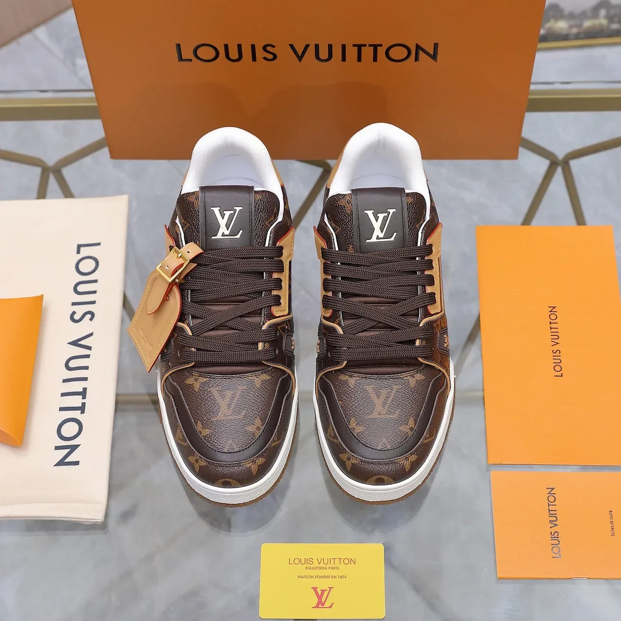 Louis Vuitton LV Trainer Brown Beige Monogram Canvas Tan Leather Overlays Lifestyle Sneakers 3