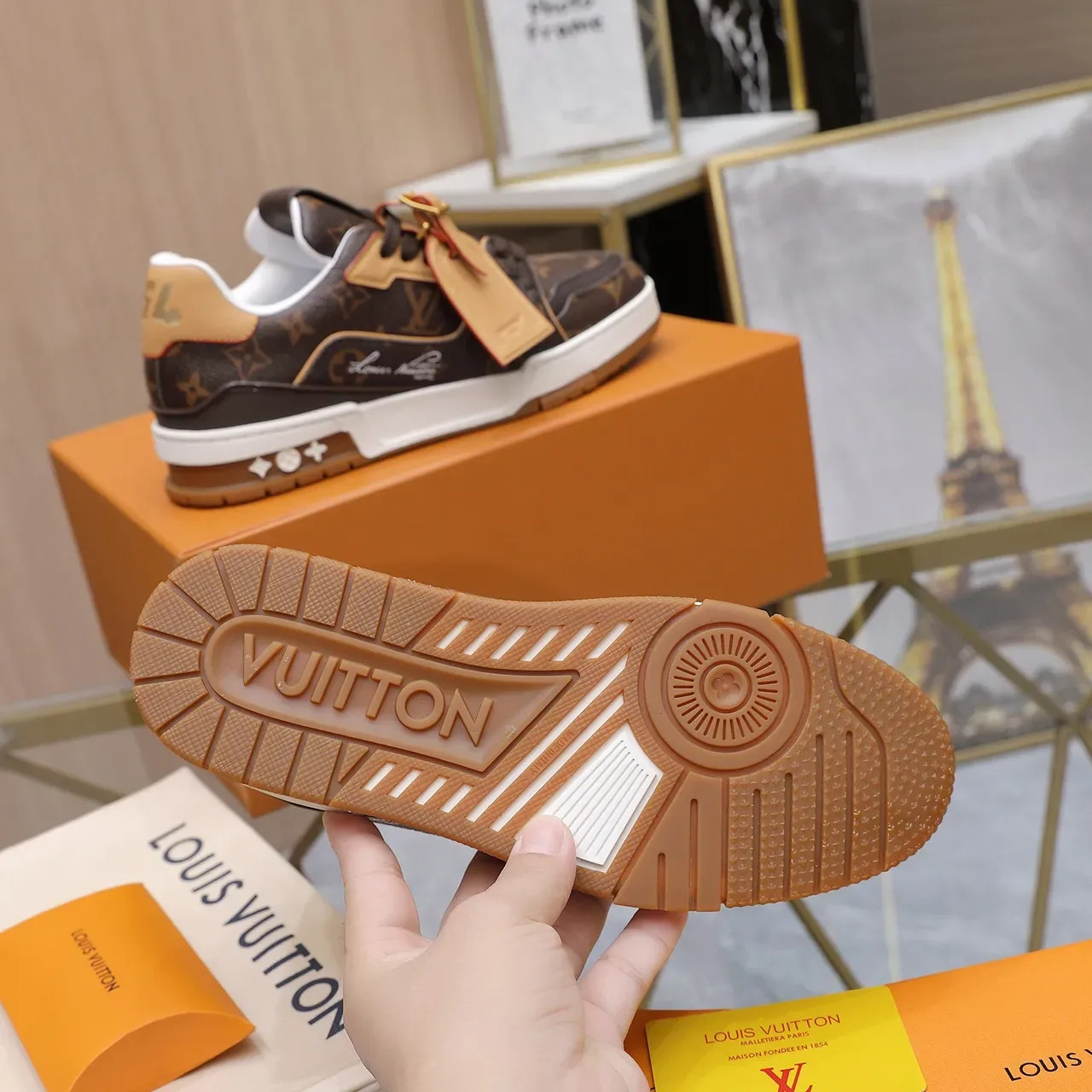 Louis Vuitton LV Trainer Brown Beige Monogram Canvas Tan Leather Overlays Lifestyle Sneakers 4