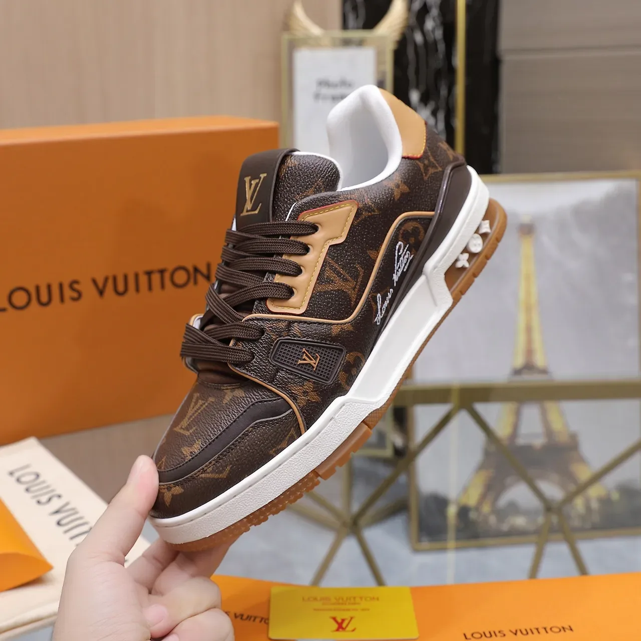 Louis Vuitton LV Trainer Brown Beige Monogram Canvas Tan Leather Overlays Lifestyle Sneakers 5