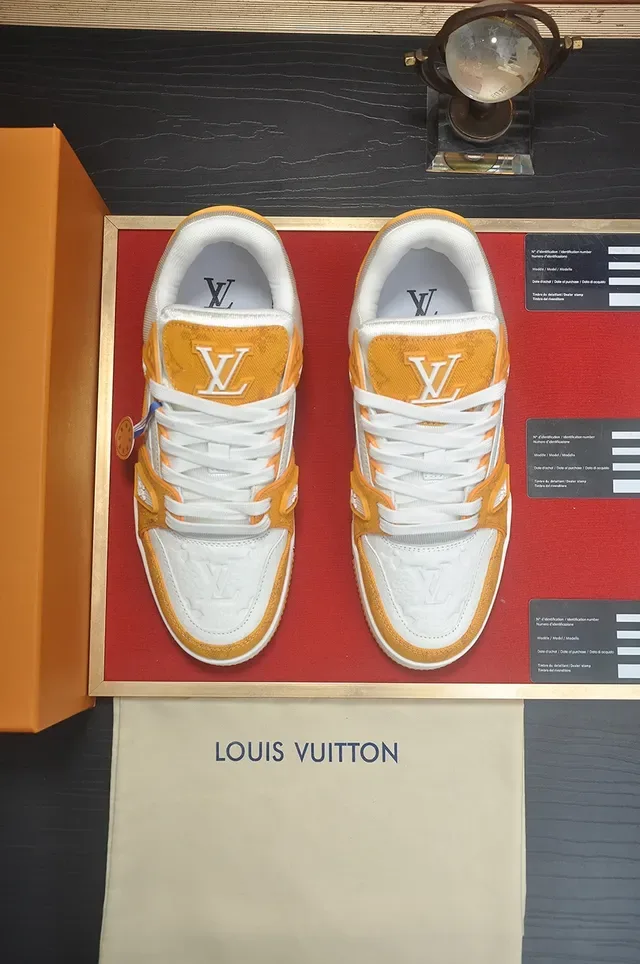 Louis Vuitton LV Trainer Orange White Monogram Jacquard Upper Layered Sculpted Midsole Lifestyle Sneakers 5
